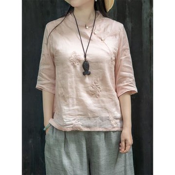 新中式苧麻上衣2025新款中年媽媽春夏打底衫女設計感小眾棉麻襯衫