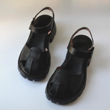 厚底真皮粗跟涼鞋輕便松糕鞋女森系復古洛麗塔街頭風機車涼拖外貿