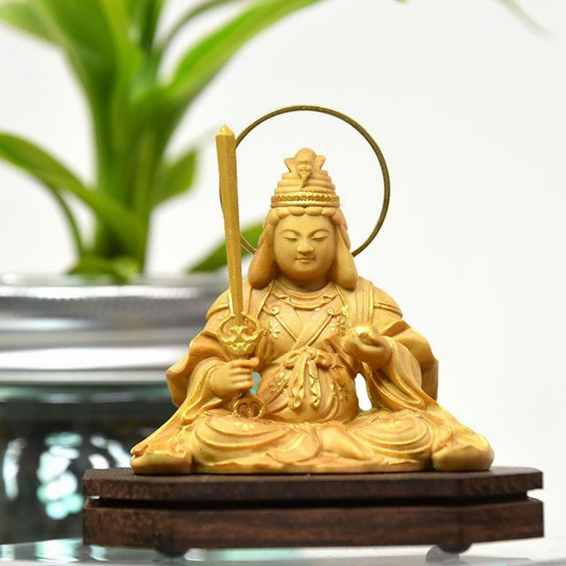 木彫り仏像-小仏 【弁財天】（弁才天）座像 柘植金泥仕様 総丈