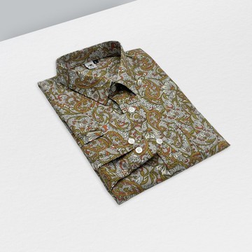 暗綠橘變形蟲襯衫-暗綠底配橘色圖騰  沉穩卻不失辨識度