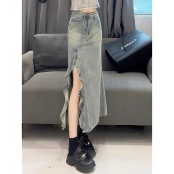 高腰不規則牛仔長裙半身裙女春夏大碼胖mm小個子a字包臀魚尾半裙