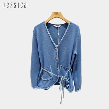 JESSICA - 氣質編織邊V領針織開衫外套J30533（藍）