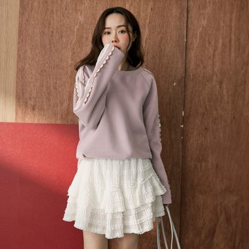 OB嚴選中大尺碼-棉質純色花邊壓線造型袖上衣《AB20953》