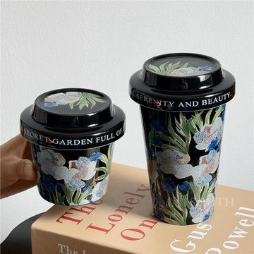 South復古黑鳶尾花手握蓋杯咖啡杯家用水杯馬克杯陶瓷杯伴手禮物