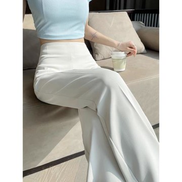 白色微喇西裝褲女春季小個子加長高腰垂感闊腿褲高級感窄版直筒褲