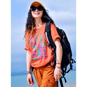 北京森林戶外2025春夏新品休閑運動印花新疆棉寬松顯瘦短袖T恤女