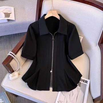 大碼雙頭拉鏈方領正肩短袖上衣女夏季胖mm高級感氣質顯瘦收腰襯衣