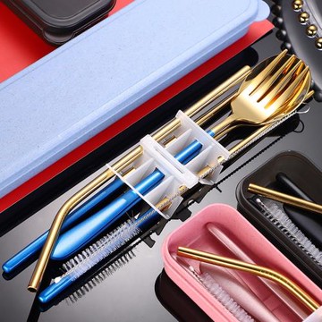 304不銹鋼餐具套裝便攜餐具噴漆筷子勺子叉子吸管學生餐具3件套裝