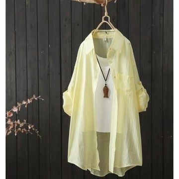 鵝黃色長袖襯衫女防曬衣夏季2024年新品中長款沙灘服空調開衫外搭