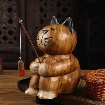 泰國進口東南亞風格小貓釣魚木雕電視酒柜桌面創意精致小貓咪擺件