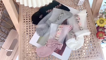 絲襪女春秋薄款碎花玻璃日系透明耐磨純棉水晶冰絲蕾絲花邊中筒襪