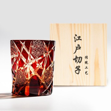 日式江戶切子 星芒網紋手工切割威士忌杯 紅色 刻字 父親節禮物