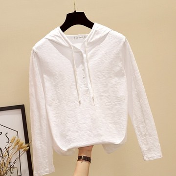 春秋上衣服ins潮新款韓版純棉女裝長袖T恤女竹節棉連帽寬松打底衫