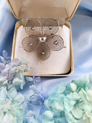 美國西洋古董飾品 / 義大利手工純銀掐絲纍絲花脈胸針/別針/墜飾