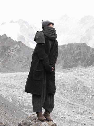 復古遊牧 厚實羊毛風衣式開開襟衫 針織長外套