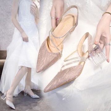 時裝涼鞋女2022夏季新款水鉆高跟鞋尖頭粗跟女鞋水晶跟包頭涼鞋子