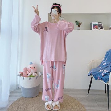 加大碼兔子珊瑚絨睡衣女寬松秋冬胖MM200斤保暖天鵝絨家居服套裝