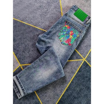 歐洲站男褲高端牛仔褲時尚潮流個性涂鴉印花微哈倫九分彈力長褲子