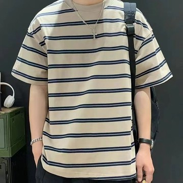 💥下殺價💥 條紋日系新款潮牌顯瘦圓領半袖 寬松休閑港風短袖上衣ins夏季