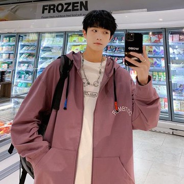 春秋新款連帽衛衣男美式重磅開衫上衣字母印花純色外套青少年衣服