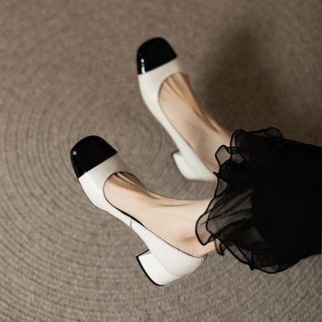 圓頭粗跟中跟淺口小香風拼色單鞋女春秋季新款法式氣質軟皮高跟鞋