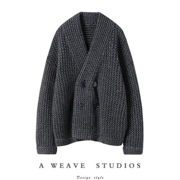 寶藏氣質通勤款！V領雙排扣羊絨開衫女華夫格編織羊絨針織毛衣