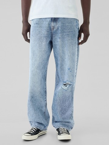 男裝 純棉寬鬆牛仔褲-淺色水洗