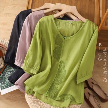 棉麻復古刺繡棉麻短袖女夏裝新款寬松顯瘦百搭上衣