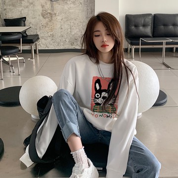 【🍒櫻桃大尺碼】M-5XL 大尺碼日系减齡可愛卡通印花圓領衛衣女秋冬重磅華棉寬鬆上衣