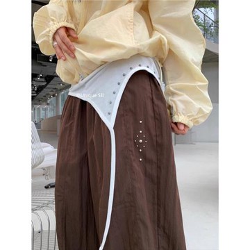 Unique SEI 街頭復古鉚釘西部中性休閑百搭闊腿寬松尼龍休閑褲