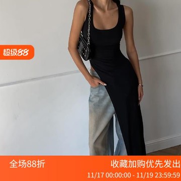 歐美辣妹U領低胸基礎款百搭吊帶背心女夏修身開叉顯瘦長款上衣ins