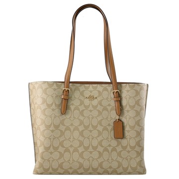 COACH Mollie 金屬LOGO品牌印花皮革三層大托特包(卡其/棕)