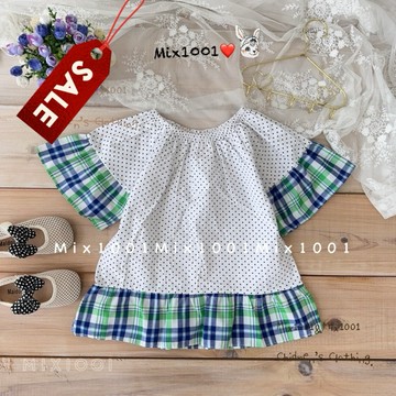 🌈✨mix1001滿版小點點拼接格紋娃娃裝✨兒童寬版‼️圓點造型上衣5-17