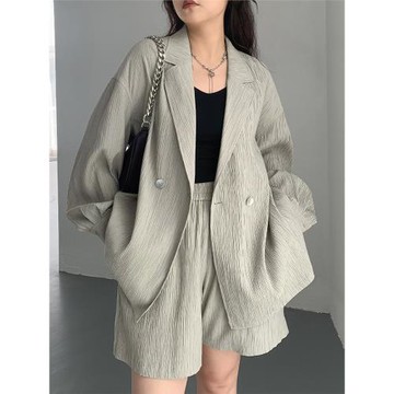 CV大碼女裝 休閑寬松肌理感薄款貝殼扣西裝外套短褲兩件套2025夏