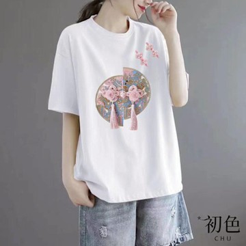 初色 棉麻休閒風大碼寬鬆圓領短袖印花T恤上衣女上衣-共7色-12505(M-2XL可選)