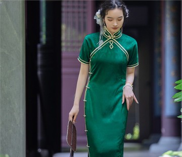 翡翠之心 新中式復古 雙襟提花高級旗袍