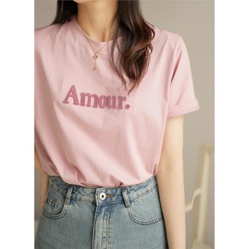 夏日減齡tee 女士全棉牙刷繡立體字母短袖 純棉圓領寬松上衣 夏款