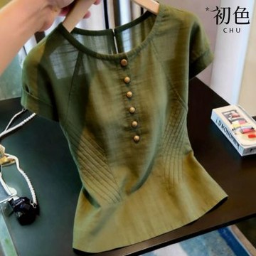 初色 法式復古風純色圓領短袖單排釦收腰襯衫上衣女上衣-軍綠色-52417(M-XL可選)