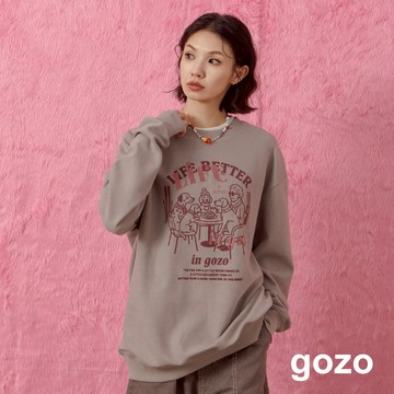 【gozo】奶奶與狗狗們的下午茶後打褶大學T(灰色/深灰_F) | 女裝 圓領 休閒