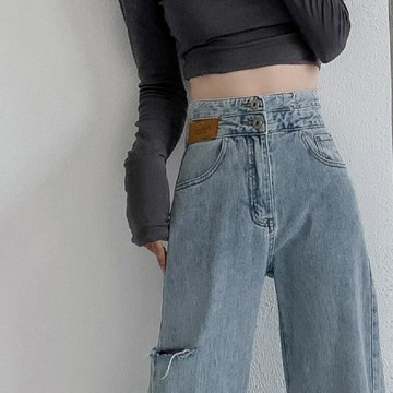 設計感破洞直筒牛仔褲女夏天薄款高腰顯瘦寬松chic港味闊腿拖地褲