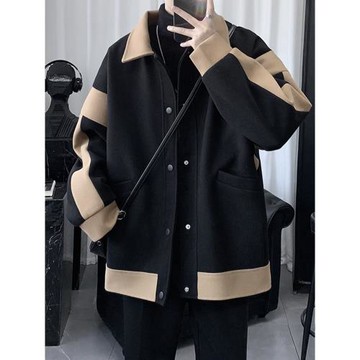 日系秋冬季拼色毛呢外套男短款加厚高級感痞帥設計感呢子風衣大衣