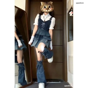【台灣出貨】大尺碼女裝 三件套裝韓係甜酷純慾風漸變色短款牛仔背心白襯衫牛仔蛋糕百褶裙  女生套裝