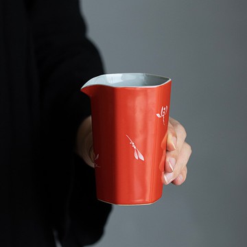 手繪蘭花珊瑚紅公道杯陶瓷公杯勻茶杯家用功夫茶具單個茶海分茶器