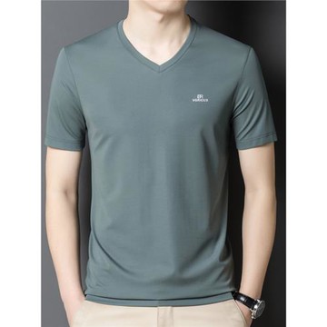 2025夏季休閑V領冰絲短袖t恤男桑蠶絲透氣無痕男裝雞心領半袖體恤