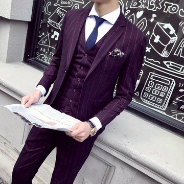 FINDSENSE H1男士 修身 條紋 彈力面料 西服 套裝 複古 紳士 經典 外套 馬甲 西褲 三件套 西裝