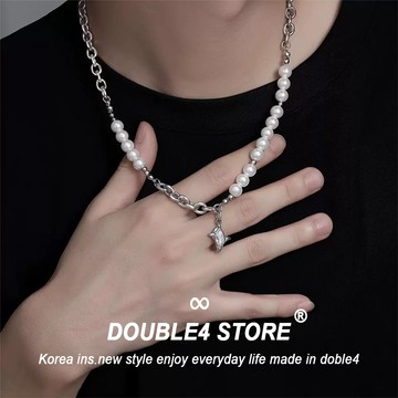 【DOUBLE4】韓國 拼鍊白珍珠鑽墜鍊 韓系 手鍊男 蹦迪 穿搭 男項鍊 手鍊 鋼項鍊 男女 鋼手鍊 鈦鋼【C96】