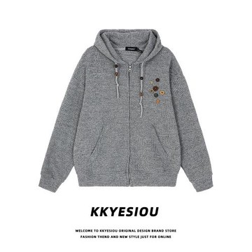 KKyesiou美式復古潮牌紐扣拼接連帽衛衣男女oversize情侶針織外套