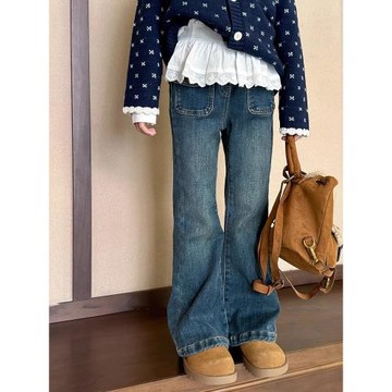 女一體絨牛仔喇叭褲兒童外穿彈力洋氣褲子童裝直筒加絨秋冬款褲子