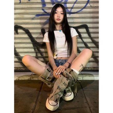 Mooreyu高幫板鞋女小眾設計皮帶扣涂鴉帆布鞋春夏褲筒堆堆短靴女