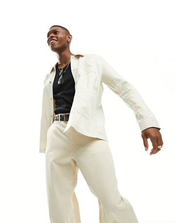 ASOS DESIGN linen mix worker summer jacket in beige-Neutral